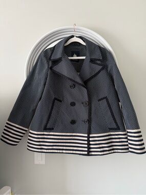 Marina Yachting Navy White Polka Dot Striped Double Breasted Peacoat Jacket
